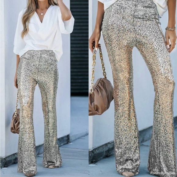 Luxe Glamour Sequin Mesh Wide Leg Palazzo Pants Holiday Evening Green Gold - Picture 8 of 13